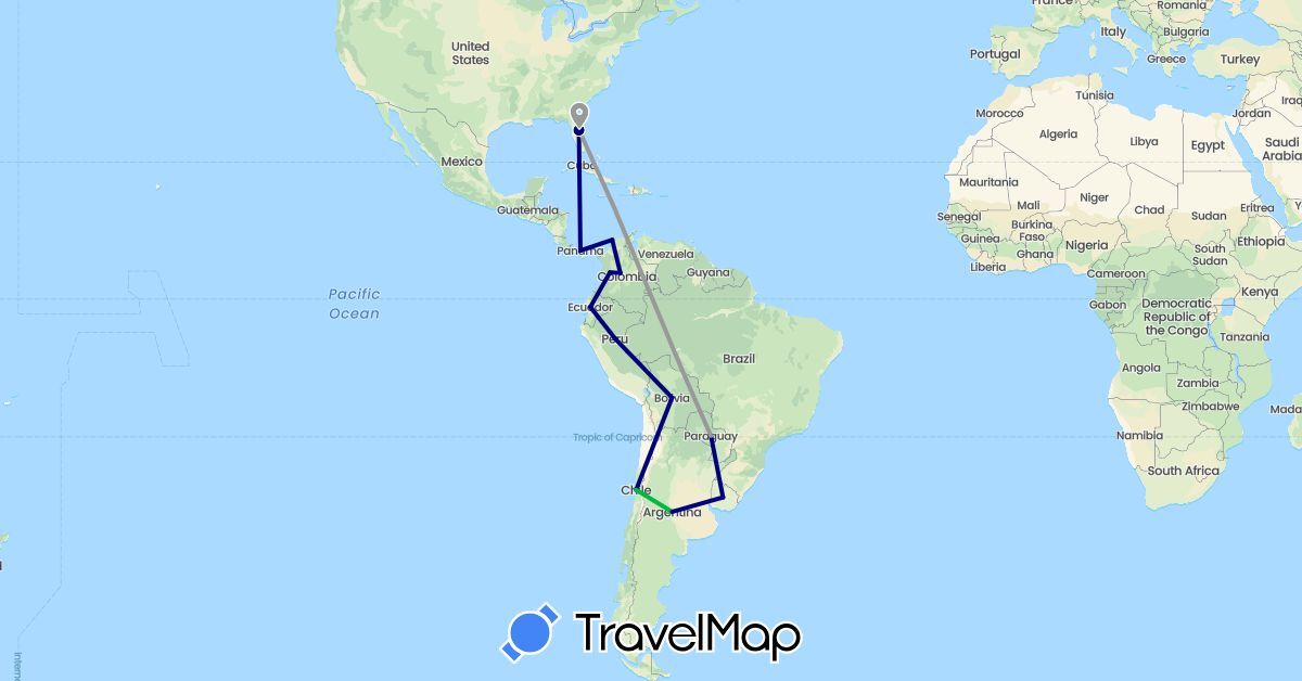 TravelMap itinerary: driving, bus, plane in Argentina, Bolivia, Chile, Colombia, Ecuador, Panama, Peru, Paraguay, United States, Uruguay (North America, South America)
